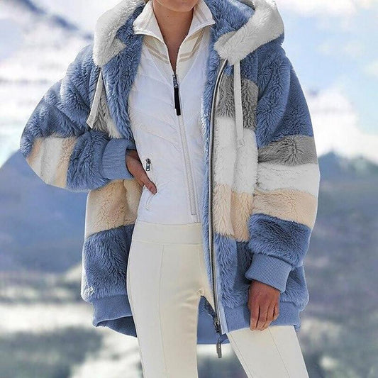 Damska zimowa pluszowa kurtka z kapturem Colorblock z kieszeniami